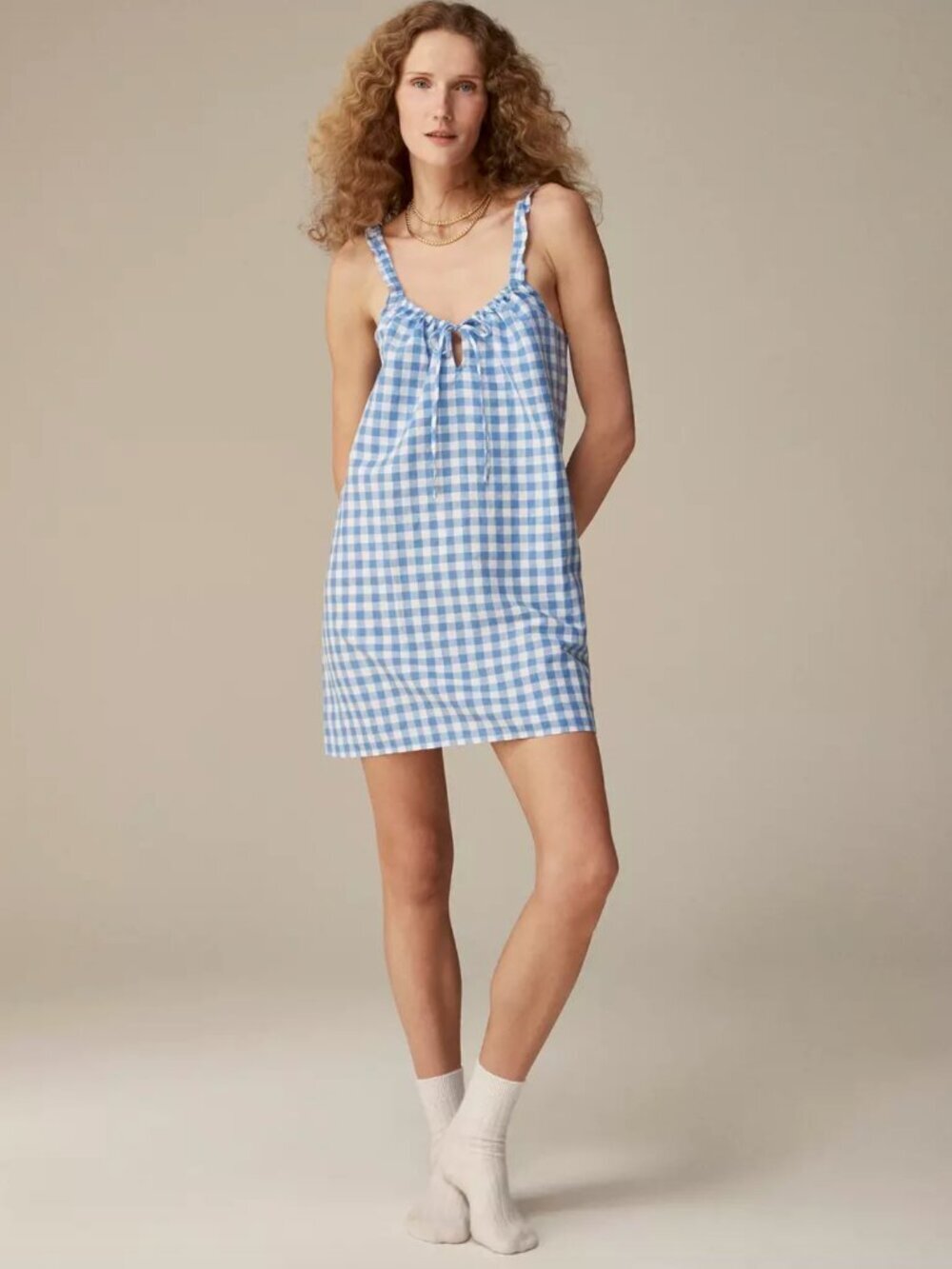 J Crew Ruffle-Strap Sleep Dress in Gingham Linen-Cotton Blend